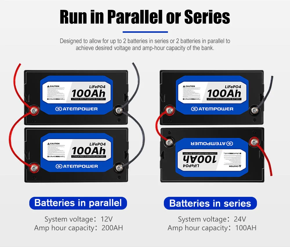 Atem Power 100Ah 12V Lithium Battery LiFePO4 Deep Cycle & Voltage Sensitive Relay