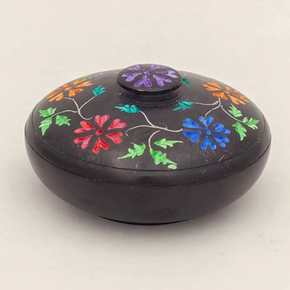 Black Floral Soapstone Charcoal Incense Burner Bowl (B) 4"