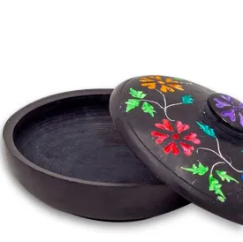 Black Floral Soapstone Charcoal Incense Burner Bowl (B) 4"