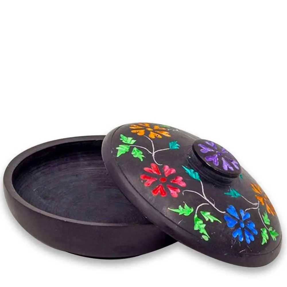 Black Floral Soapstone Charcoal Incense Burner Bowl (B) 4"