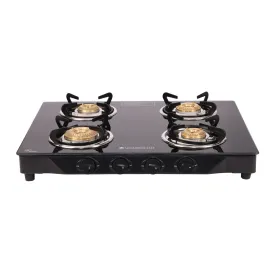 Glory 4 Burner Glass Cooktop, Black 8mm Toughened Glass with 2 Years Warranty, Ergonomic Knobs, Stainless Steel Drip Tray, Manual Ignition Gas Stove