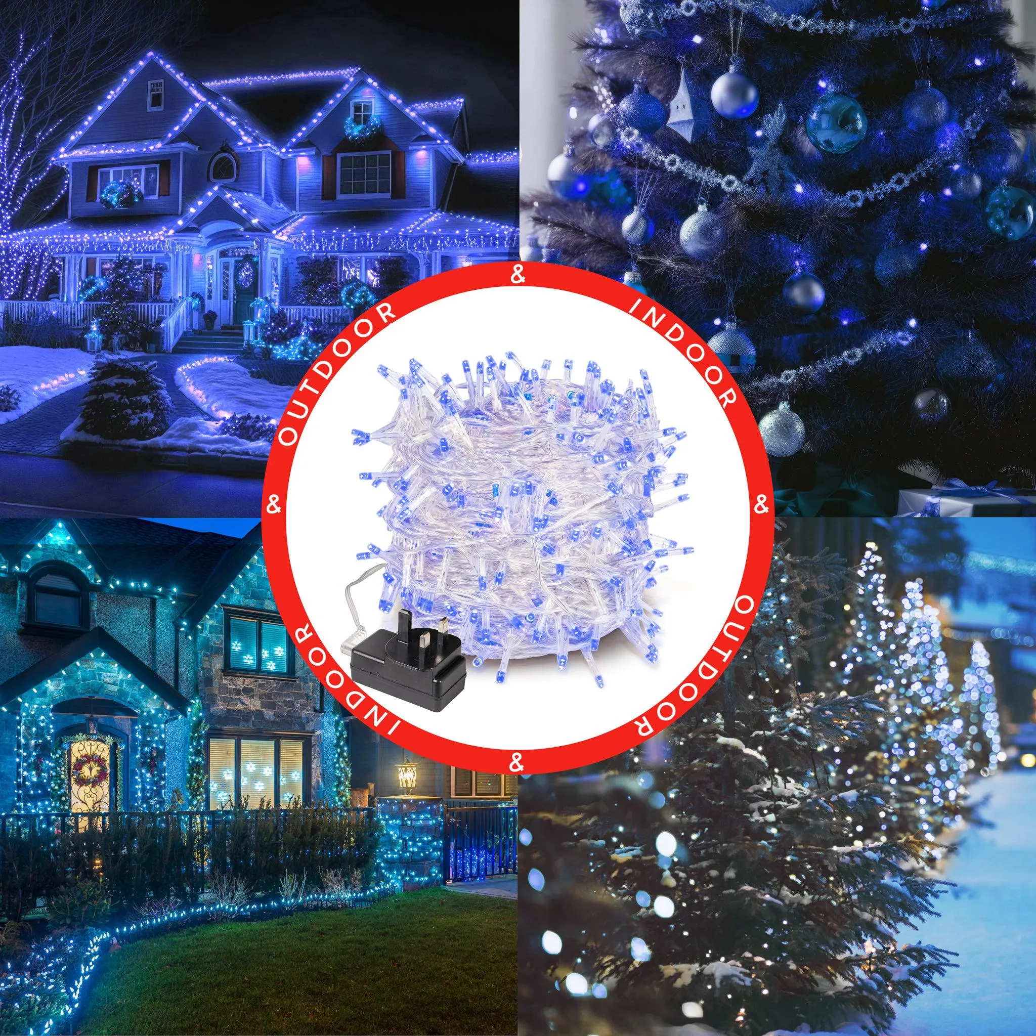 Indoor/Outdoor 8 Function LED Waterproof Fairy Lights with Clear Cable (800 Lights - 60M Cable) - Blue