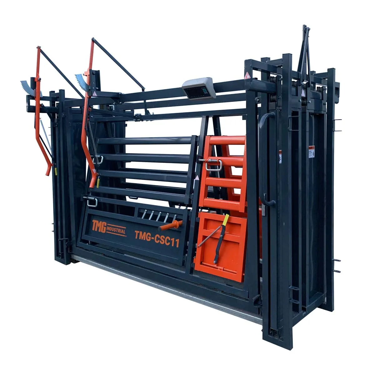 TMG Industrial 10’ Squeeze Cattle Work Chute 4500-lb Weight Scale, Side Exit, Side Squeeze, Upper/Lower Swing Openings, LCD Weight Display, TMG-CSC11